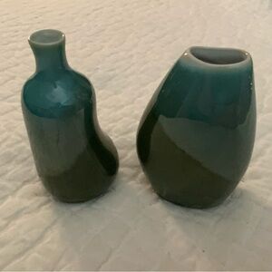 Mid-century Modern Mini Ceramic Vases With Green And Teal Ombre Glaze Set Of 2